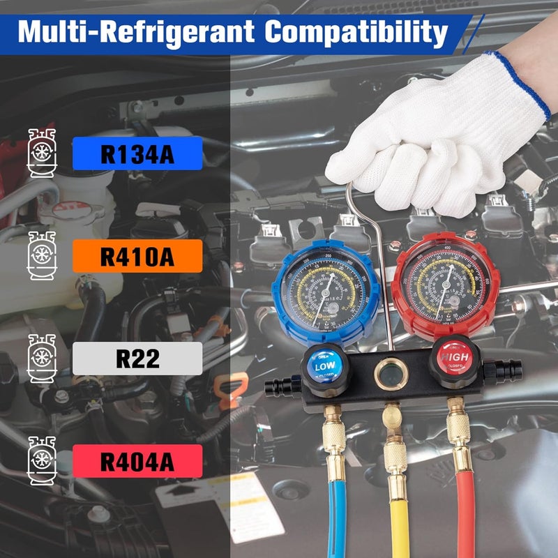 AJulyBee 3-Way Manifold Gauge Set, Automotive AC Recharge Kit for R134A/R410A/R1234YF/R22/R404A, Refrigerant Charging Tool for Car Freon Charging & Evacuation - Image 4