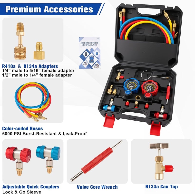 AJulyBee 3-Way Manifold Gauge Set, Automotive AC Recharge Kit for R134A/R410A/R1234YF/R22/R404A, Refrigerant Charging Tool for Car Freon Charging & Evacuation - Image 3