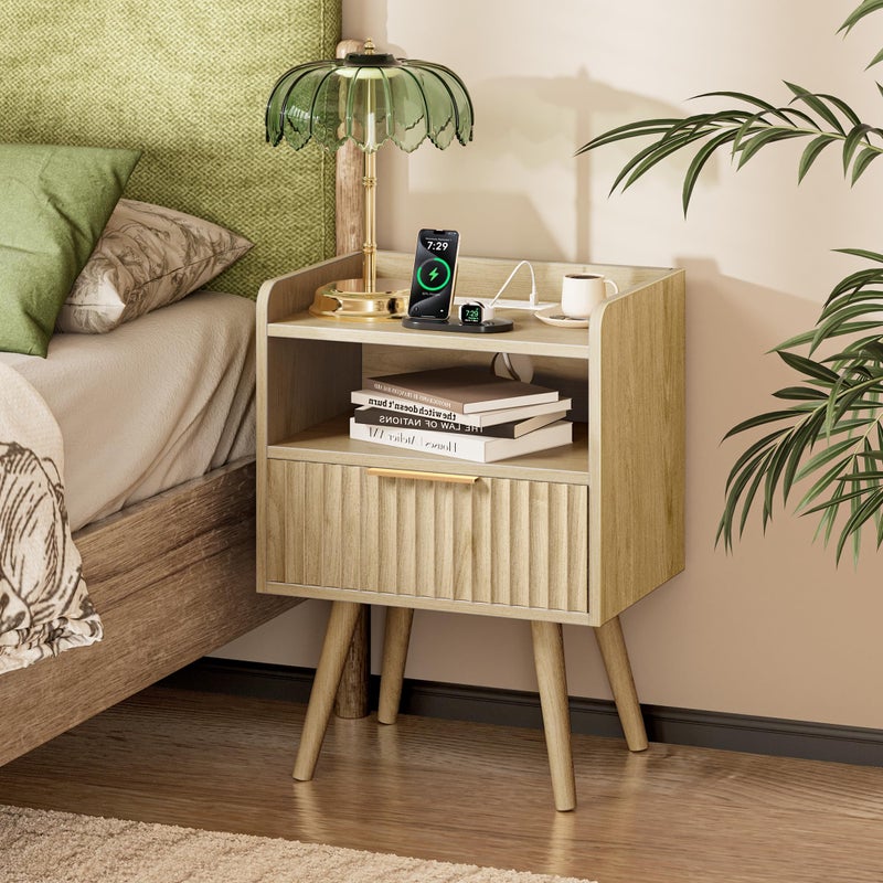Huuger Nightstand with Charging Station, USB-C Port, Fluted Night Stand with Drawer, Bed Side Table with Solid Wood Feet, Open Storage, End Table with Raised Edge, for Bedroom, Natural - Image 1
