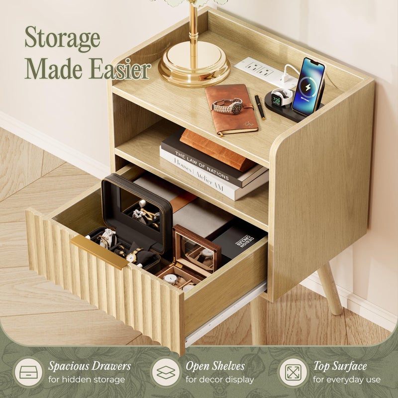 Huuger Nightstand with Charging Station, USB-C Port, Fluted Night Stand with Drawer, Bed Side Table with Solid Wood Feet, Open Storage, End Table with Raised Edge, for Bedroom, Natural - Image 5