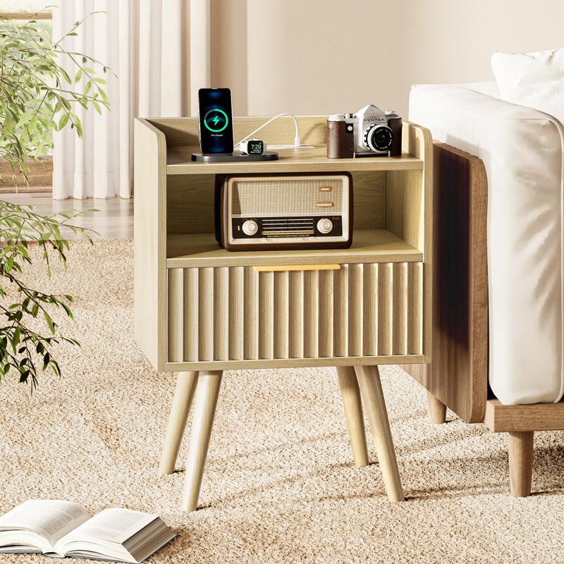 Huuger Nightstand with Charging Station, USB-C Port, Fluted Night Stand with Drawer, Bed Side Table with Solid Wood Feet, Open Storage, End Table with Raised Edge, for Bedroom, Natural - Image 4