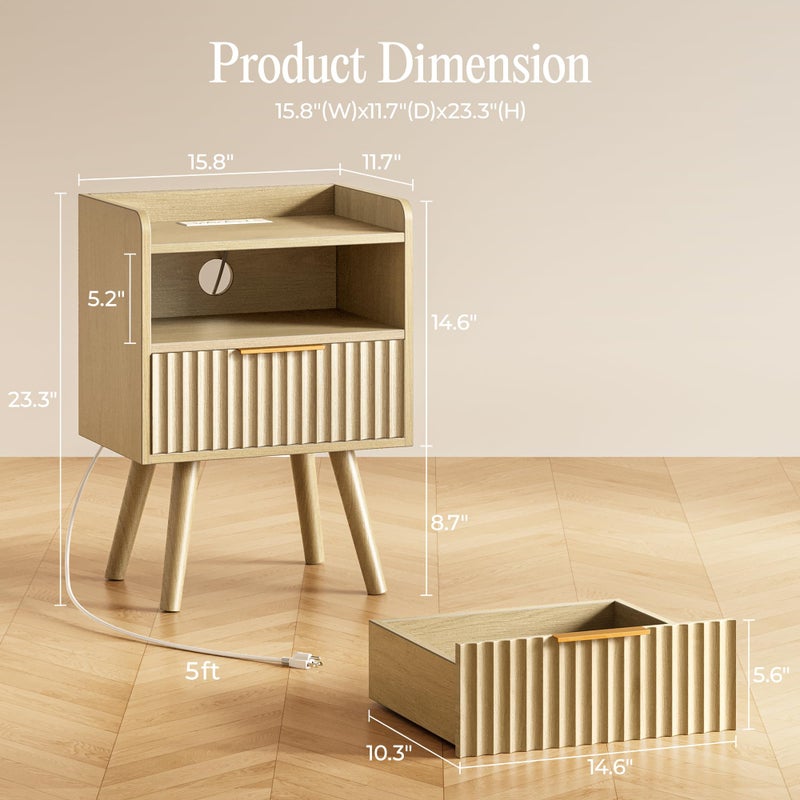 Huuger Nightstand with Charging Station, USB-C Port, Fluted Night Stand with Drawer, Bed Side Table with Solid Wood Feet, Open Storage, End Table with Raised Edge, for Bedroom, Natural - Image 2