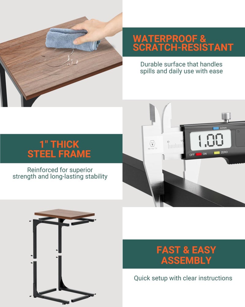 RISWER C-Shaped Side Table for Couch - Small Coffee Stand Sofa Tray Desk with Metal Frame and Waterproof Scratch Resistant, Modern End Accent for Living Room, Bedroom, Small Spaces, Rustic Walnut - Image 2
