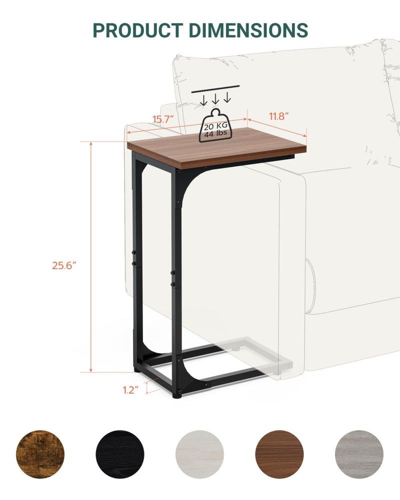 RISWER C-Shaped Side Table for Couch - Small Coffee Stand Sofa Tray Desk with Metal Frame and Waterproof Scratch Resistant, Modern End Accent for Living Room, Bedroom, Small Spaces, Rustic Walnut - Image 3