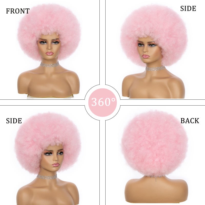 JSDshine Pink 70s Afro Kinky Curly Wig For Women - Soft, Bouncy, Natural Looking Synthetic Hair Wig With Bangs - Image 2