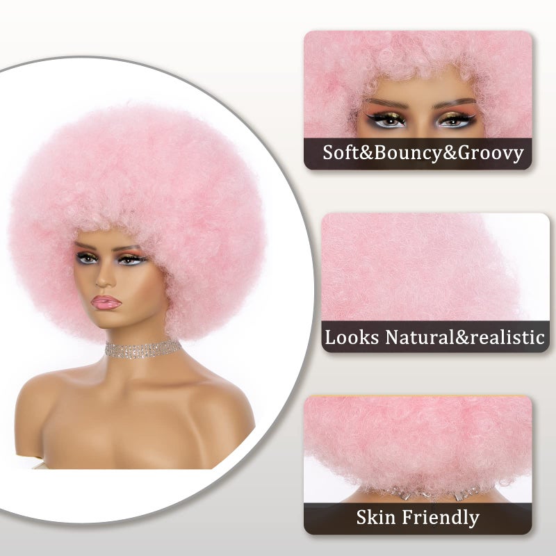 JSDshine Pink 70s Afro Kinky Curly Wig For Women - Soft, Bouncy, Natural Looking Synthetic Hair Wig With Bangs - Image 4
