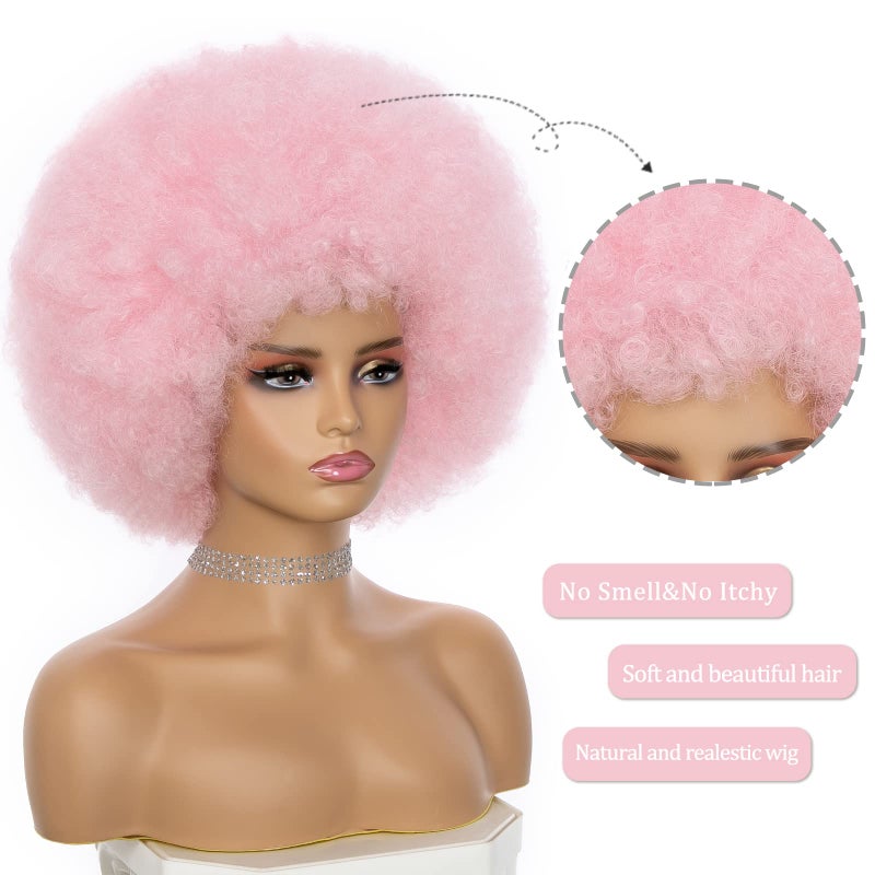JSDshine Pink 70s Afro Kinky Curly Wig For Women - Soft, Bouncy, Natural Looking Synthetic Hair Wig With Bangs - Image 3