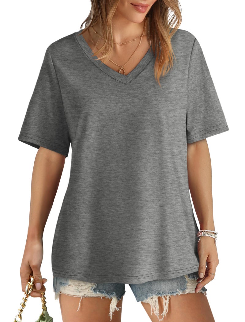 Aokosor T Shirts for Women Loose Fit Summer Tops Basic Tees V Neck Tshirts Grey XL - Image 2