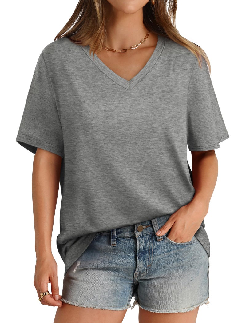 Aokosor T Shirts for Women Loose Fit Summer Tops Basic Tees V Neck Tshirts Grey XL - Image 1