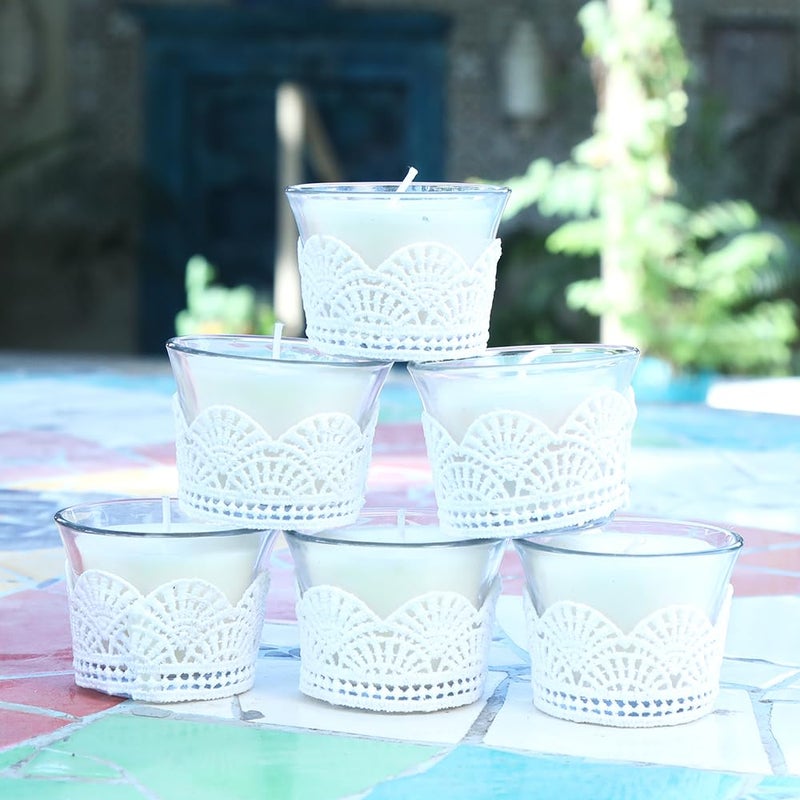 Kaameri Bazaar Set of 6 Unscented Fragranced Lace Glass Butter Pot Candles - Gift for Diwali for Employees - Image 1
