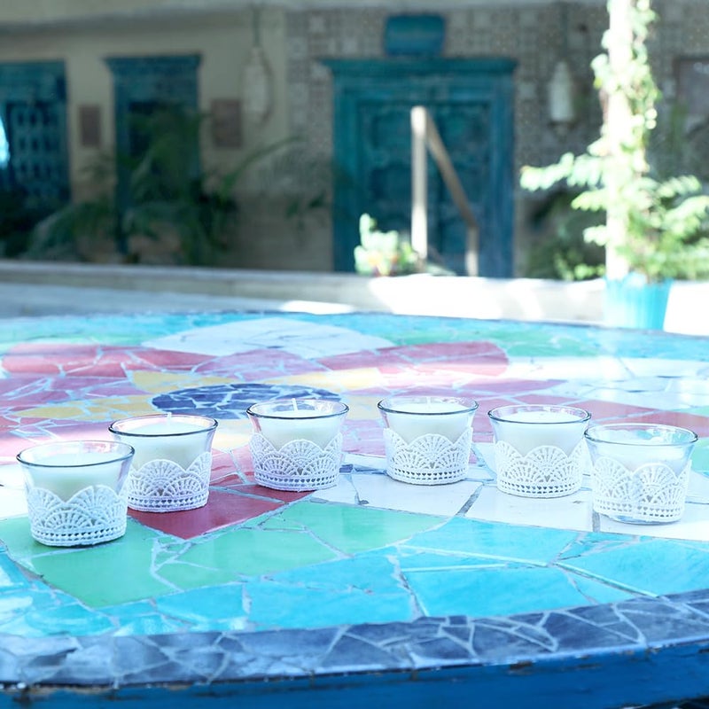 Kaameri Bazaar Set of 6 Unscented Fragranced Lace Glass Butter Pot Candles - Gift for Diwali for Employees - Image 3