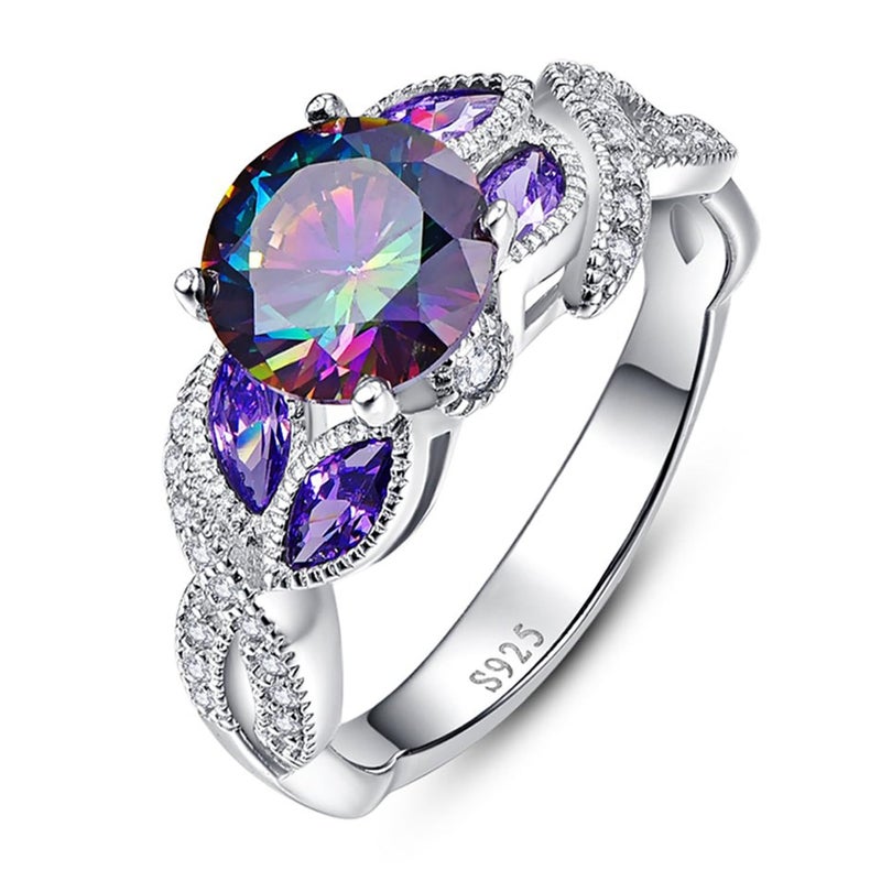 Yaresul 3.6ct Women's Round Created Rainbow Topaz Ring 925 Sterling Silver Engagement Rings for Women Bezel Setting Marquise Statement Womens Ring Size 5 - Image 1