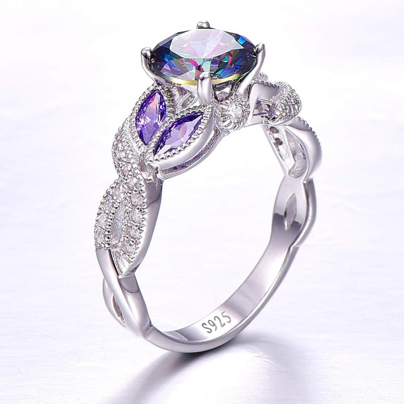 Yaresul 3.6ct Women's Round Created Rainbow Topaz Ring 925 Sterling Silver Engagement Rings for Women Bezel Setting Marquise Statement Womens Ring Size 5 - Image 3