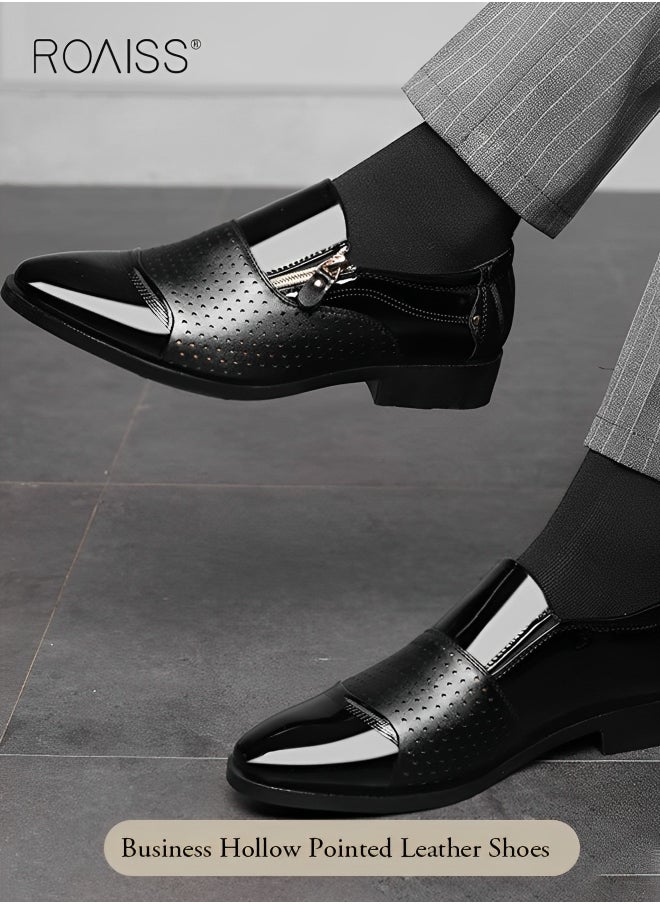 roaiss Men's Business Breathable Perforated Leather Shoes Fashion Versatile Pointed Formal Flat Shoes Side Zipper Patent Leather Anti Slip Leather Shoes  - Image 1