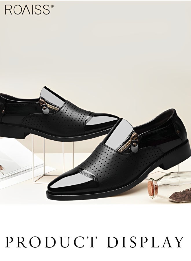 roaiss Men's Business Breathable Perforated Leather Shoes Fashion Versatile Pointed Formal Flat Shoes Side Zipper Patent Leather Anti Slip Leather Shoes  - Image 4
