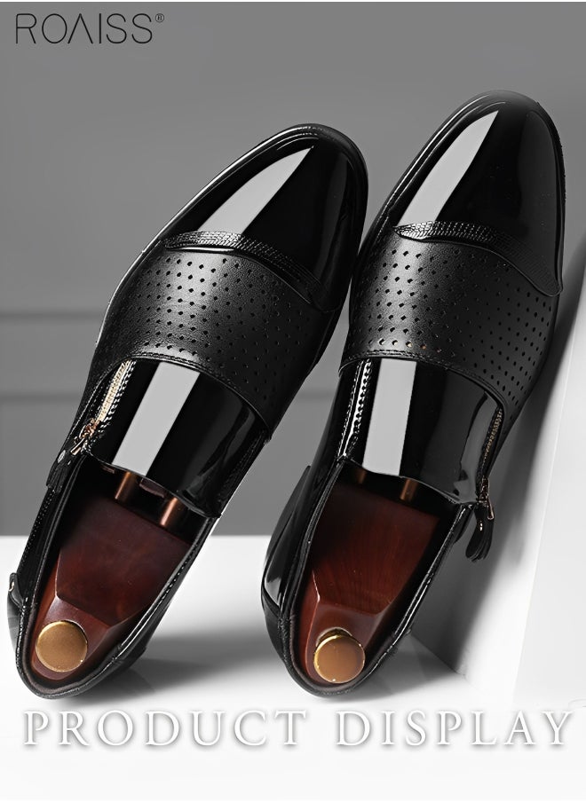 roaiss Men's Business Breathable Perforated Leather Shoes Fashion Versatile Pointed Formal Flat Shoes Side Zipper Patent Leather Anti Slip Leather Shoes  - Image 5