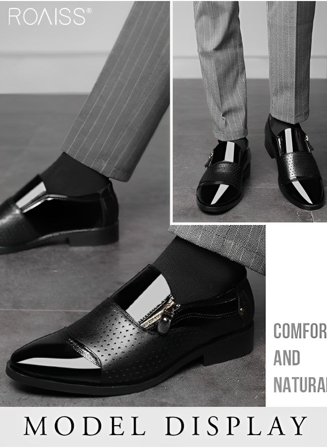 roaiss Men's Business Breathable Perforated Leather Shoes Fashion Versatile Pointed Formal Flat Shoes Side Zipper Patent Leather Anti Slip Leather Shoes  - Image 3