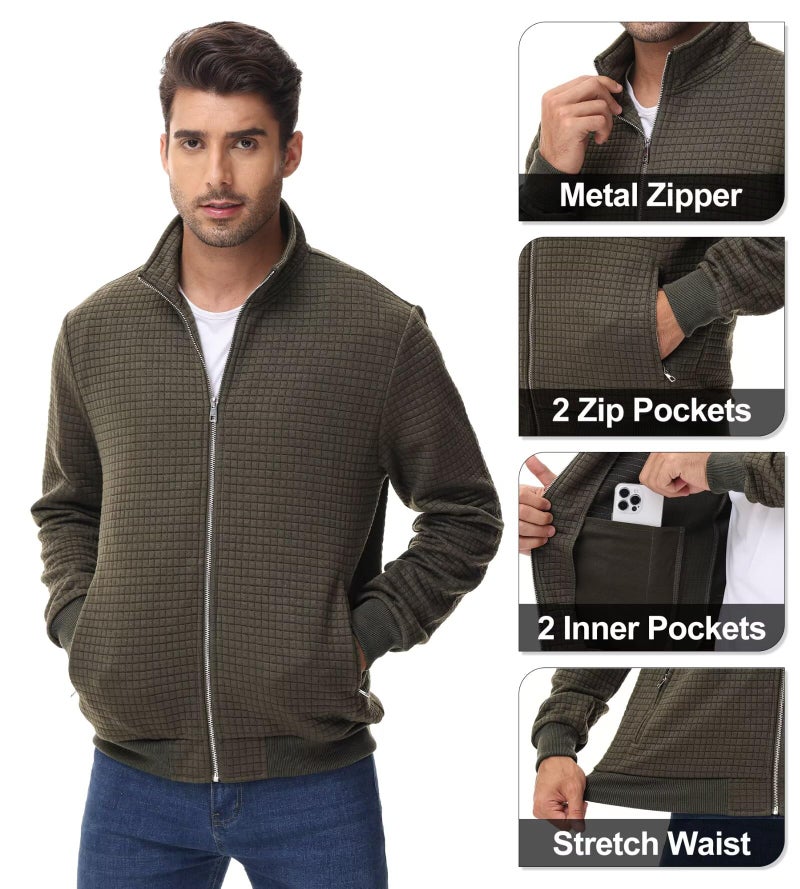 Satankud Men's Jacquard Waffle PlaidCloth Bright Metal Zipper Lightweight Jacket Army X-Large - Image 4