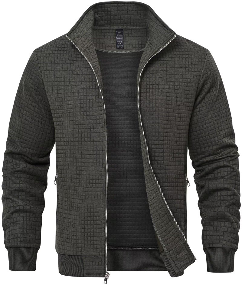 Satankud Men's Jacquard Waffle PlaidCloth Bright Metal Zipper Lightweight Jacket Army X-Large - Image 1