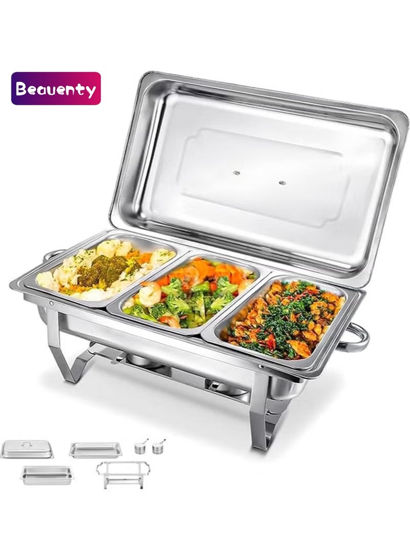 Beauenty Chafing Dish Buffet Set,11L Catering Serve Chafe Restaurant Food Warmer Stainless Steel Rectangular Buffet Stove Tray with Lid, 3pcs Inner Food Pans for Hotel Buffet Chef Wedding Party - Image 1