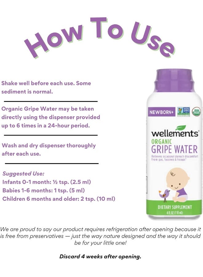 Wellements Organic Gripe Water | Relieves Occasional Stomach Discomfort from Baby Gas, Colic, Hiccups and Fussiness | Certified Organic and Non-GMO | No Artificial Flavors | 4 Fl Oz. | Ages Newborn+ - Image 5