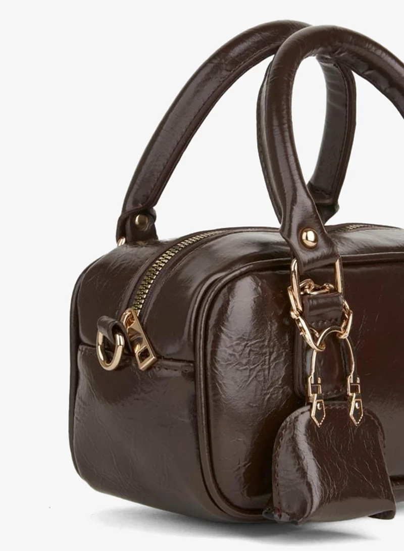 Women's Tulip Dark Coffee Bag with Charm Detail, Rugged Synthetic Leather, Zipper Closure, Hand, Arm and Shoulder Bag.