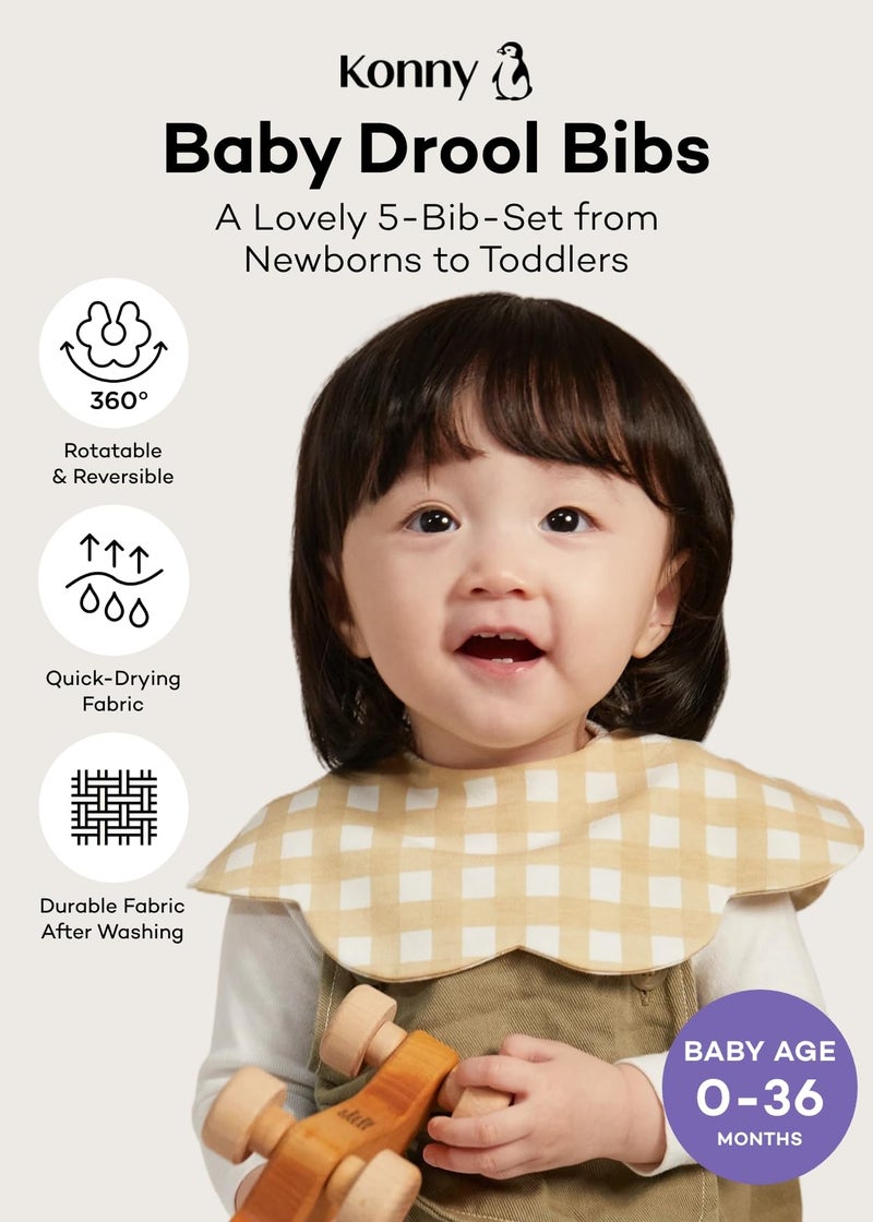Konny Baby Bibs 5-Pack, 360 ° Rotate, New Year Gifts for Boys Girls baby Essentials(Set 3 - Beige, Mocha, Creamy Gingham, Brown Check, Caramel Brown) - Image 2