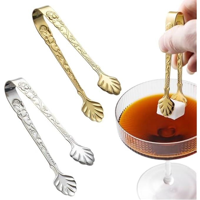 nalaina 2Pcs Mini Serving Tongs Stainless Steel Small Ice Tongs Appetizer Tongs Rose Handle Tong For Party Coffee Tea Bar Kitchen Silver Gold - Image 1