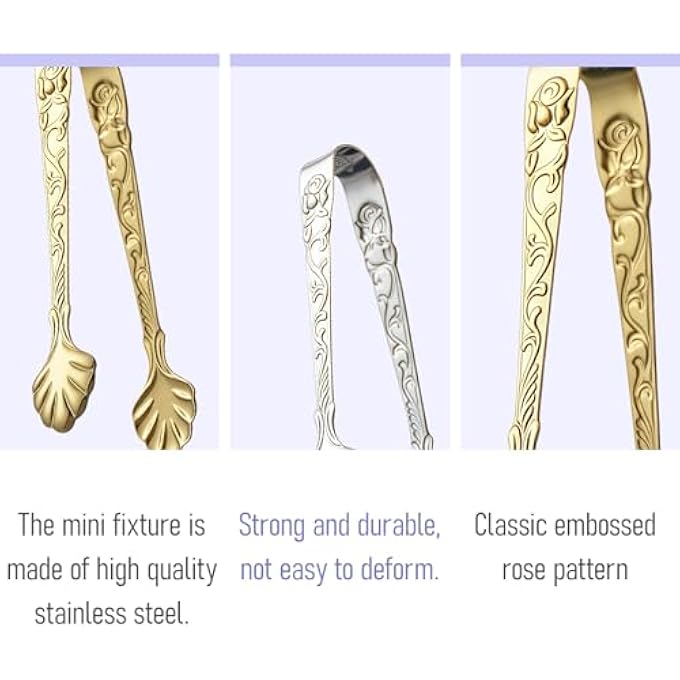 nalaina 2Pcs Mini Serving Tongs Stainless Steel Small Ice Tongs Appetizer Tongs Rose Handle Tong For Party Coffee Tea Bar Kitchen Silver Gold - Image 4