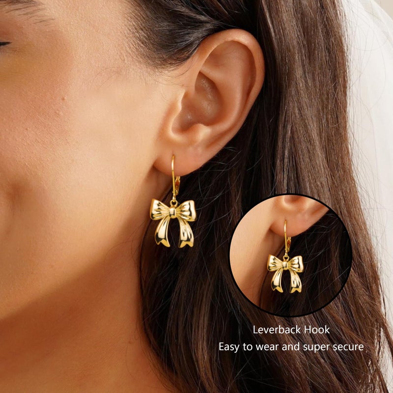 ALEXCRAFT 14K Gold Bow Dangle Earrings for Women, ALEXCRAFT Gold Dangle Earrings Drop Leverback Earring Bow Dangling Dangly Earings - Image 4