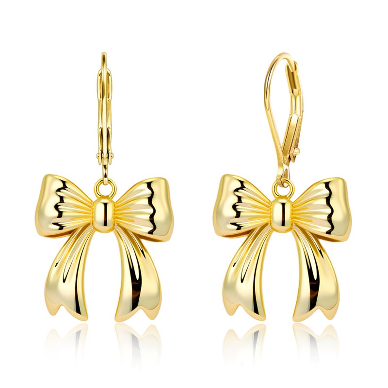 ALEXCRAFT 14K Gold Bow Dangle Earrings for Women, ALEXCRAFT Gold Dangle Earrings Drop Leverback Earring Bow Dangling Dangly Earings - Image 1