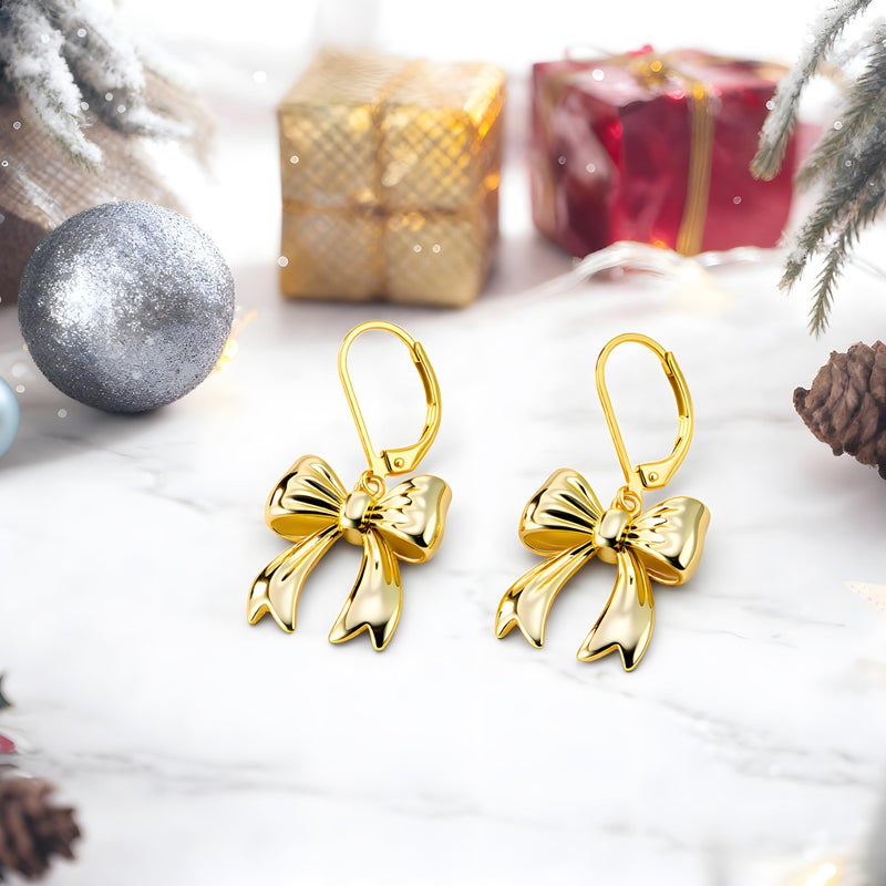 ALEXCRAFT 14K Gold Bow Dangle Earrings for Women, ALEXCRAFT Gold Dangle Earrings Drop Leverback Earring Bow Dangling Dangly Earings - Image 5