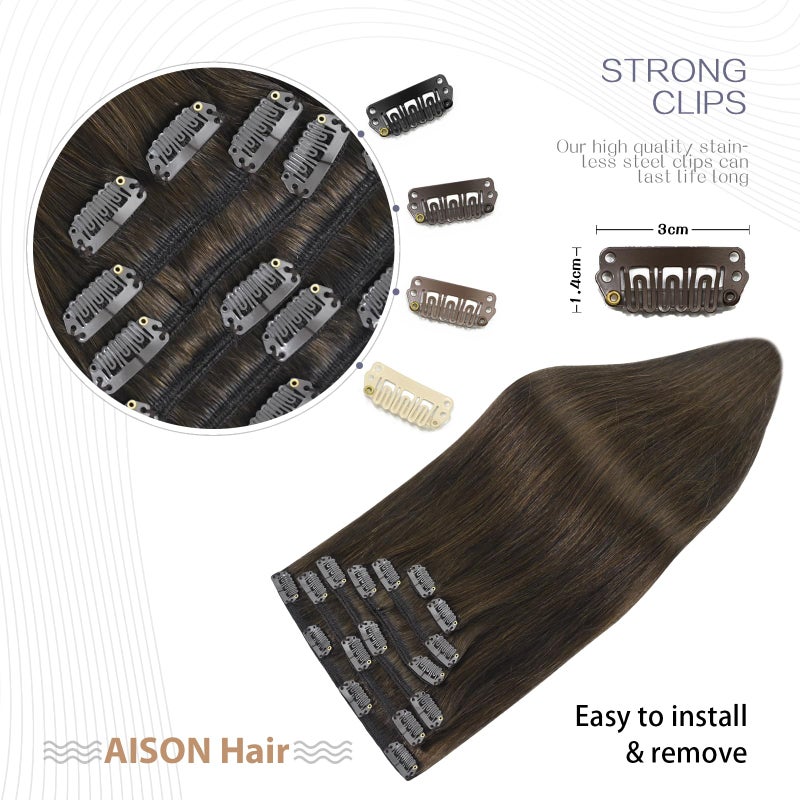 Aison Medium Brown Clip in Hair Extensions Real Human Hair 70G 100% Remy Human Hair 7pcs 16clips 18 Inch Brown Hair Extensions - Image 4