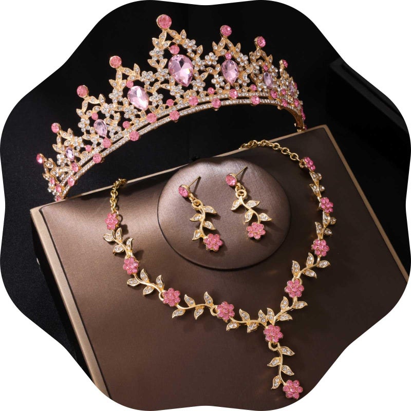 Kamirola Tiaras and Crowns for Women,Tiaras Earrings Necklace, Crystal Bridal Jewelry Set, Costume Party Halloween Prom Pageant Jewelry for Women(TR45) (Gold Pink) - Image 1