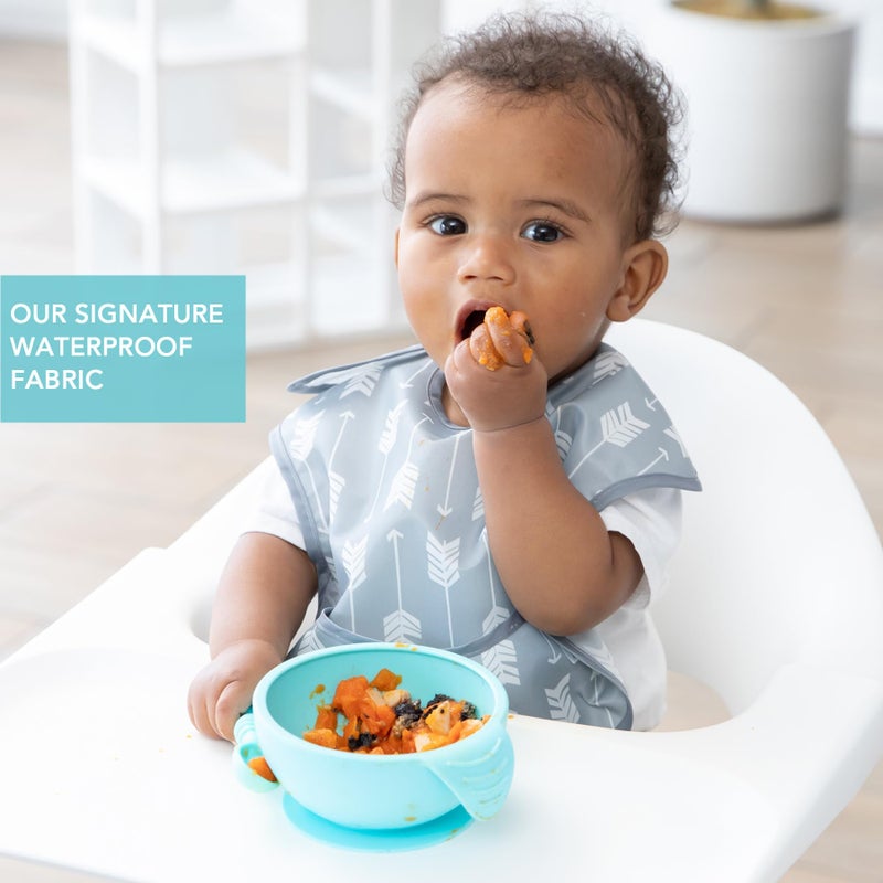 Bumkins Bibs for Girl or Boy, SuperBib Baby and Toddler for 6-24 Mos, Essential Must Have for Eating, Feeding, Baby Led Weaning Supplies, Mess Saving Catch Food, Waterproof Soft Fabric, Gray Arrows - Image 3