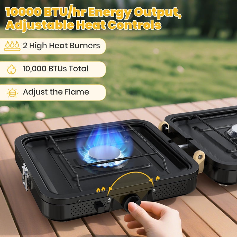 Qvamodo Camp Stove Propane, 2 Burner Folding Propane Camping Stove with Carrying Bag, Adjustable High Heat Burners & Piezo Push-Button Instant Ignition, Outdoor Tailgating, Backyard BBQ Camping Essentials - Image 3