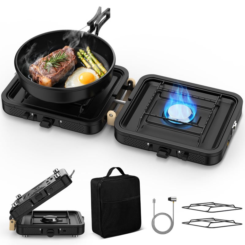 Qvamodo Camp Stove Propane, 2 Burner Folding Propane Camping Stove with Carrying Bag, Adjustable High Heat Burners & Piezo Push-Button Instant Ignition, Outdoor Tailgating, Backyard BBQ Camping Essentials - Image 1