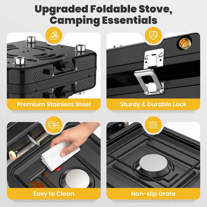 Qvamodo Camp Stove Propane, 2 Burner Folding Propane Camping Stove with Carrying Bag, Adjustable High Heat Burners & Piezo Push-Button Instant Ignition, Outdoor Tailgating, Backyard BBQ Camping Essentials - Image 5
