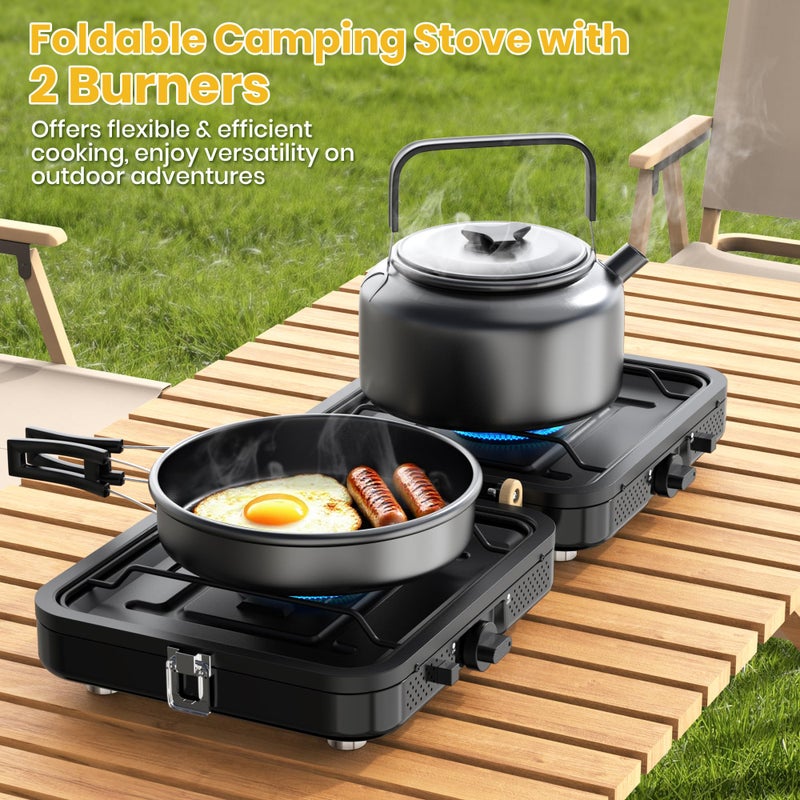Qvamodo Camp Stove Propane, 2 Burner Folding Propane Camping Stove with Carrying Bag, Adjustable High Heat Burners & Piezo Push-Button Instant Ignition, Outdoor Tailgating, Backyard BBQ Camping Essentials - Image 2