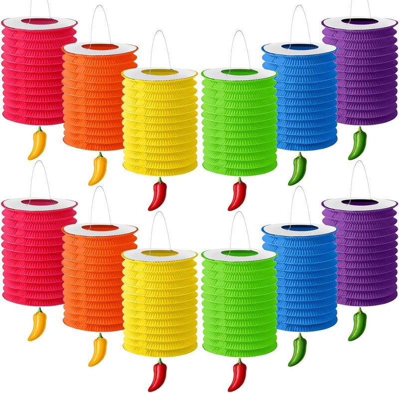 Sosation 12 Pcs Cinco de Mayo Fiesta Hanging Paper Lanterns and Sizzling Chili Peppers for Mexican Party Garland Decoration - Image 1