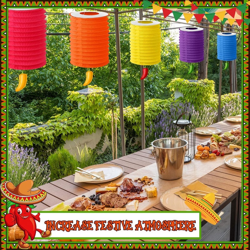 Sosation 12 Pcs Cinco de Mayo Fiesta Hanging Paper Lanterns and Sizzling Chili Peppers for Mexican Party Garland Decoration - Image 3