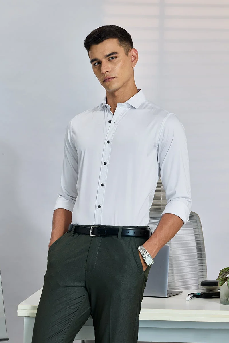 سنيتش White Solid Long Sleeve Slim Fit Shirt