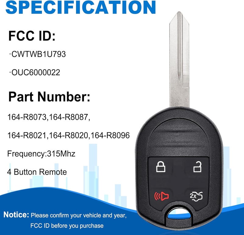 CAUORMOTE Key Fob Replacement for Ford: 2 Pcs Keyless Entry Remote Control for Explorer Mustang Edge Escape Expedition Flex Taurus Fusion Focus, for Mercury Lincoln, CWTWB1U793, OUC6000022, 315 Mhz - Image 3