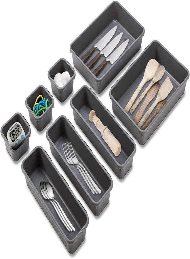 SKYLUME® 8 Pieces Cutlery Tray for Kitchen Drawers - Interlocking Drawer Desk Organizer - Plastic Divider Trays (Dark Grey) - Image 5