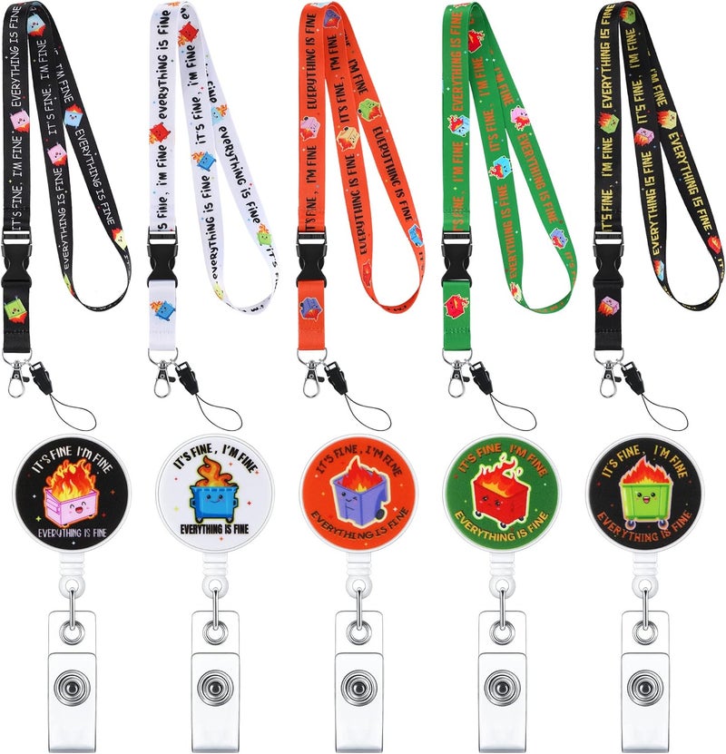 Woanger 5 Pack Dumpster Fire Badge Reels Retractable Dumpster Fire Detachable Lanyard Everything is Fine Funny Badge Reel for Nurse Nursing Doctor Teacher Medical Office Worker - Image 1