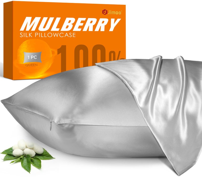 J JIMOO غطاء وسادة من حرير التوت 100% للشعر والبشرة، 22 مومي Pure Natural حرير غطاء وسادة من الجانبين مع سحاب، غطاء وسادة للنساء والأمهات والرجال (رمادي فضي، ملكي 20''×36''، 1 عبوة) - Image 1