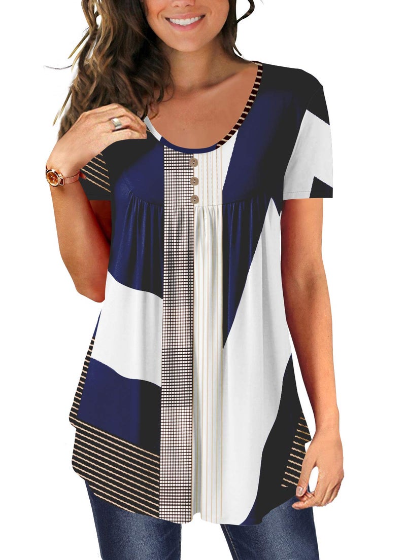 BeadChica Women's Tunic Tops For Leggings Short Sleeve Shirts Botton Up Casual Ruched Blouses Clothing Floral-XXL White Blue - Image 1