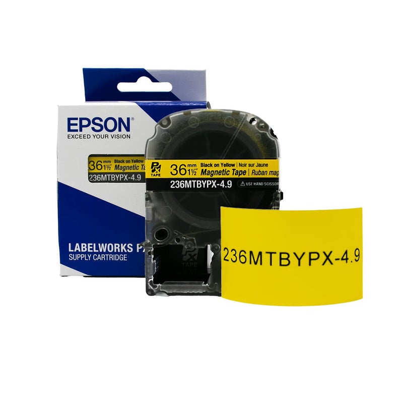LABELWORKS Epson LABELWORKS 236MTBYPX-4.9 Genuine Magnetic Tape Cartridge - Black on Yellow Magnet Label Maker Tape - 1.5" (36MM) Wide, 4.9 ft, Yellow - Image 1