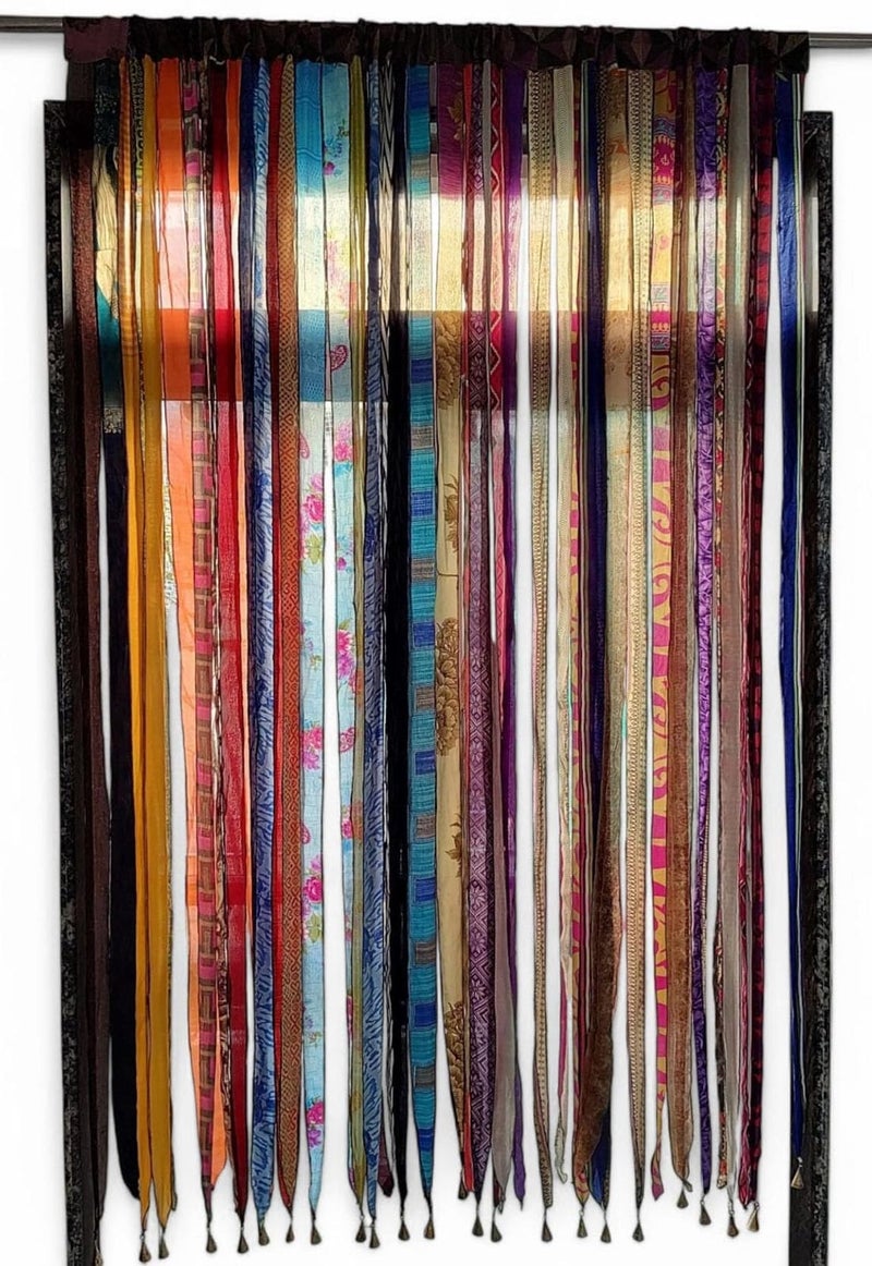 Mango Gifts Old Silk Sari Multicolor Ribbon Doorway Curtain Hippie Bohemian Room Divider Light-Filtering Boho Curtains Rod Pocket Window Drape for Livingroom Bedroom 85 x 45 Inch - Image 1