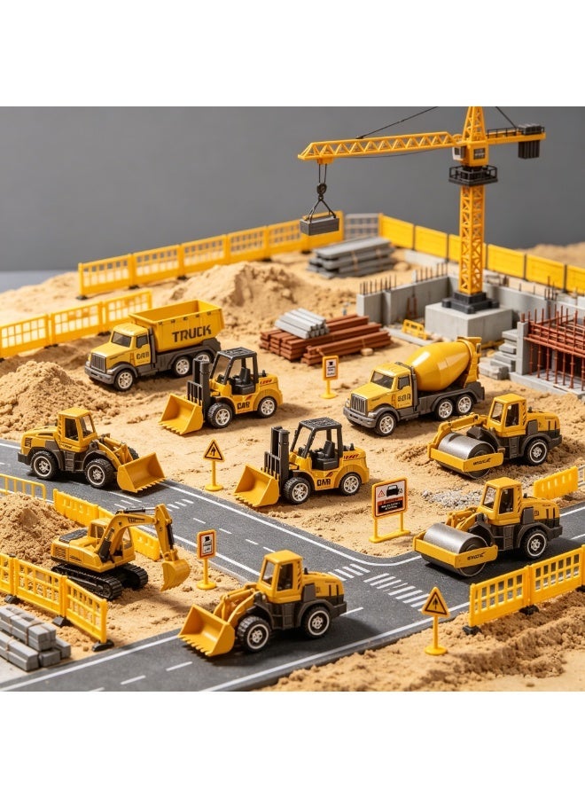Earth-Colored Heavy Construction Vehicle Set 14 PCS with Road Signs Kids Construction Toy, Playset Engineering Trucks Educational Building Vehicles for Kids